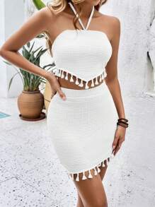 SHEIN VCAY Summer Boho Tassel Trim Tie Backless Halter Top & Bodycon Skirt Two Pieces Set