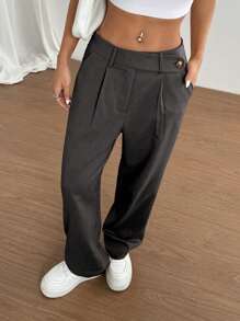 Flirla 1 条女士不对称腰部休闲日常办公通勤购物裤，卡其色 - 深灰色 - 查看 1