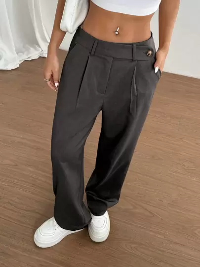 Flirla 1st Kvinnor Asymmetrisk midja Casual Vardaglig kontorspendling Shoppingbyxor, Khaki