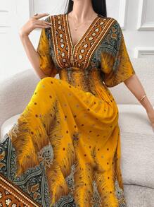 Al Najma 勃艮第红女士时尚优雅印花复古佩斯利图案夏季连衣裙，休闲短袖宽松长袍夏季连衣裙 - 黃色 - 查看 1