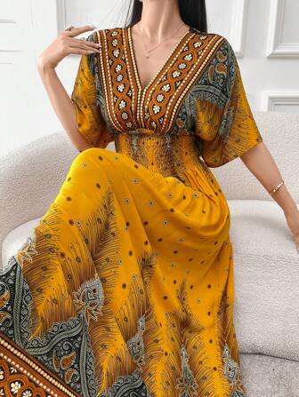 Al Najma Burgundy Red Women Fashionable Elegant Printed Retro Paisley Graphic Summer Dress, Casual Short Sleeve Loose Kaftan Dress For Summer