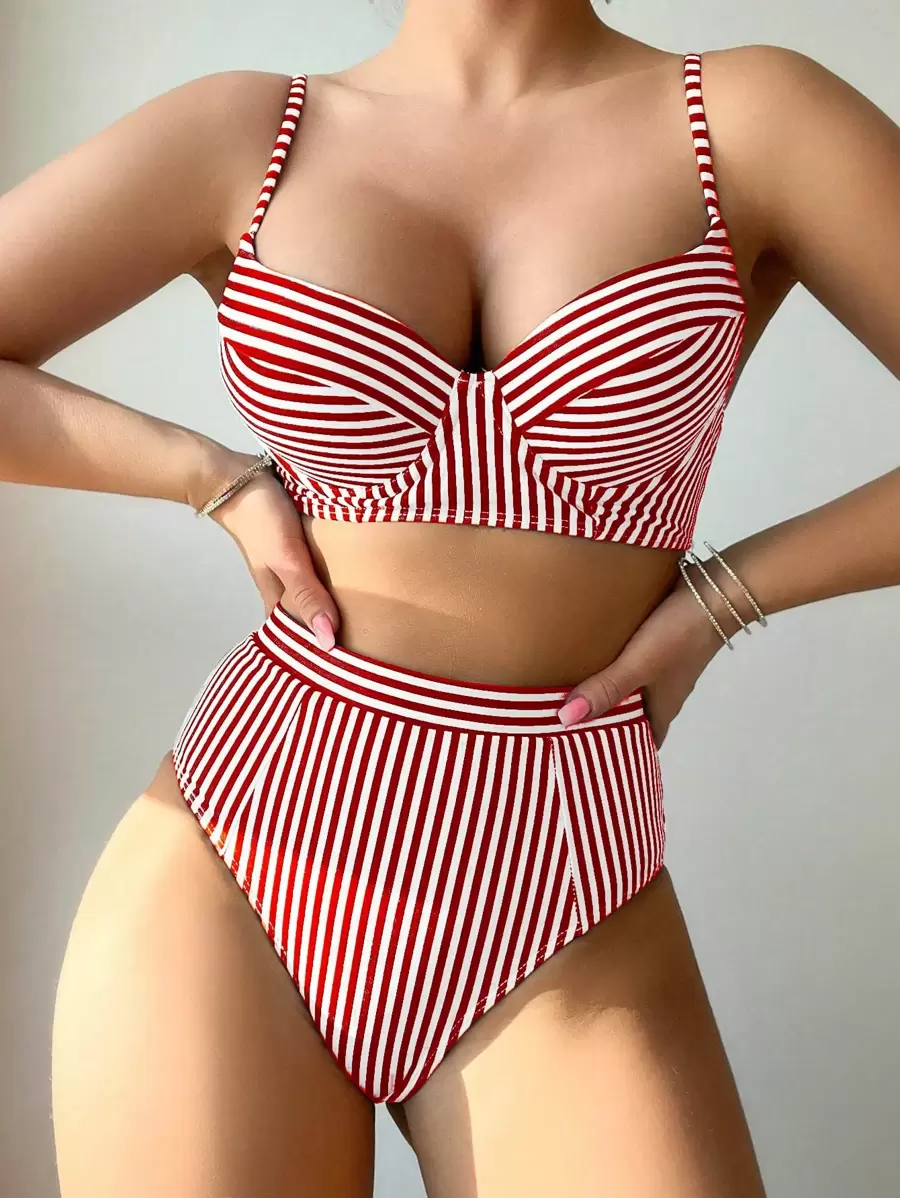 SHEIN Swim Beach Summer Outfits For Women, Random Print Bikini Set - Red and White - View 1