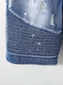 TWEEN BOY URBAN STREET COOL KIDS RIPPED CLASSIC DENIM SHORTS, Medium Blue Elastic Waistband And Button Zip Closure, And Classic. - Medium Wash - View 4