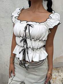 Y2K Ruched Colorblock Cute Casual Cropped Top With Square Neckline, Flattering For Teens/Women, Spring/Summer - Black and White - View 5