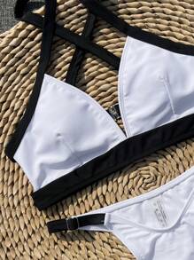 SHEIN Swim Springbreak Women Contrast Color Triangle Cross Back Strap Bikini 2 Pieces Swimwear Set, Summer Festival Boho Beachwear