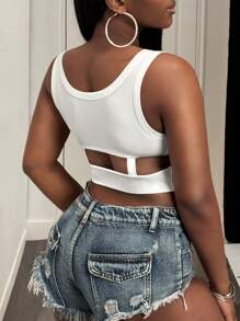BamGleam Fashionable Sexy Solid Color Hollow Out Cropped Tank Top - White - View 2