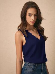 SHEIN Clasi Top unicolor ribete en abanico sin manga - Azul Marino - Ver 7
