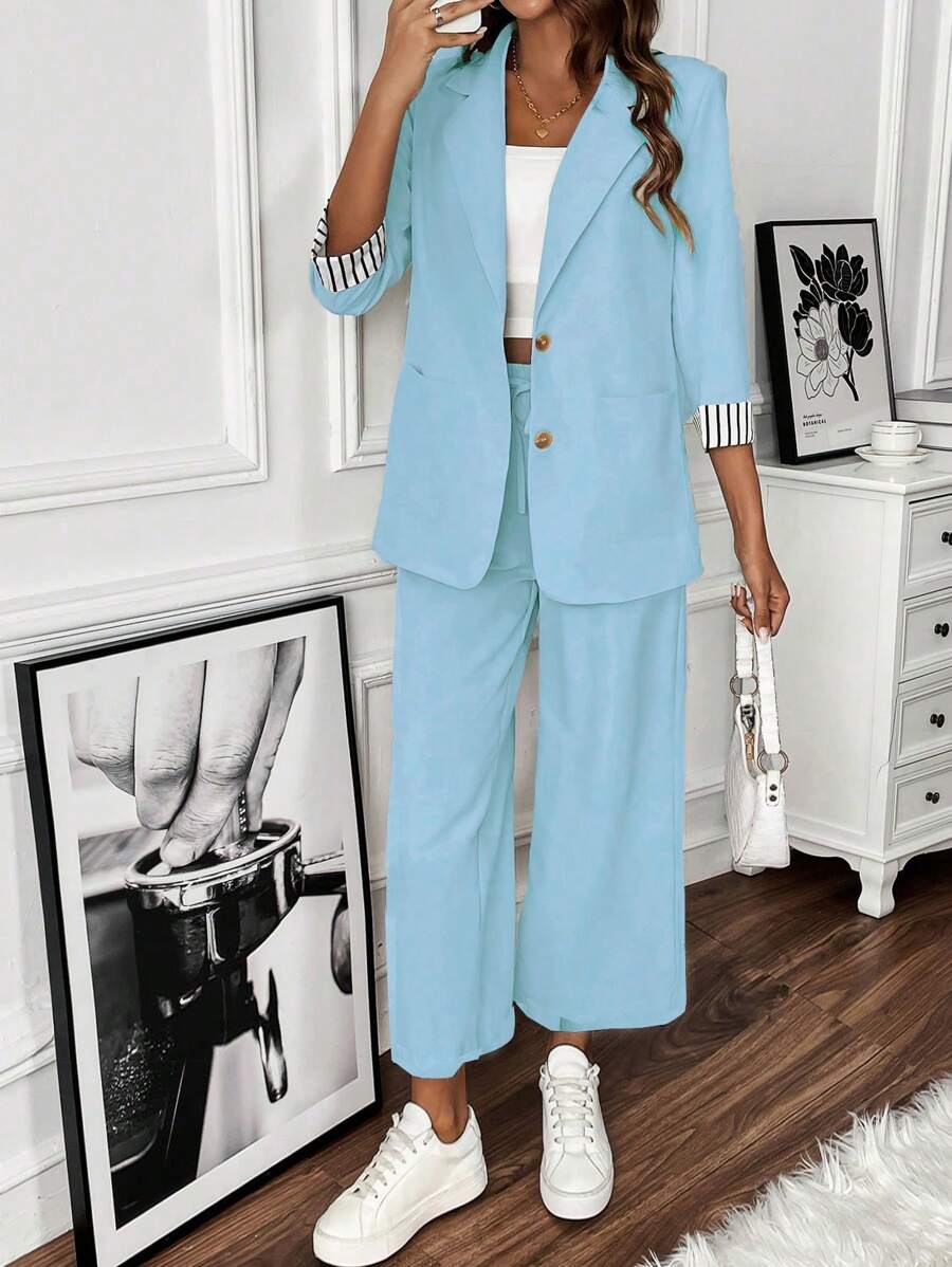 SHEIN Clasi Light Business Casual Button Colorblock Striped Sleeve Blazer Jacket & Drawstring Waist Elastic Pants Suit Set Fall Cloth For Women - Baby Blue - View 1