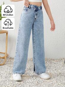 SHEIN بنطلون جينز واسع الساق مع خصر غير متماثل وهيم مشقوق من الحرير الطبيعي المغسول للفتيات المراهقات في موسم الربيع والصيف، ملابس صيفية للفتيات