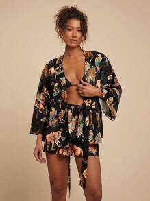 Travachic 女士度假优雅动物印花宽松 V 领系带衬衫