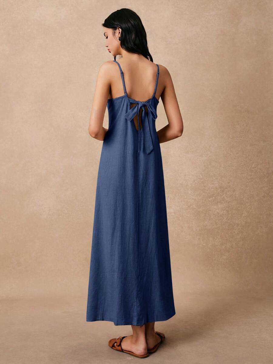 Poéselle 女士细肩带连衣裙露背蝴蝶结无袖连衣裙宽松亚麻休闲海滩度假连衣裙 - 藏蓝色 - 查看 1