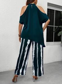 EMERY ROSE Blusa casual de hombros abiertos con bajo asimétrico en unicolor y pantalón largo a rayas de contraste tallas grandes - Verde - Ver 2
