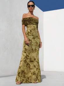 Aveloria Modichic 2025 Gray-Green Floral Jacquard Flocked Texture Sexy Elegant Sophisticated Off Shoulder Bodycon Fishtail Hem Midi Dress - Apricot - View 1