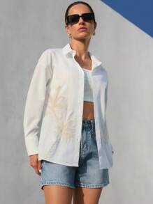 Aveloria Modichic Elegant Vacation Casual Fashion High-End Colorblock Coconut Tree Embroidery Long Sleeve Button-Down Women Shirt Fall Cloth For Women - White - View 5