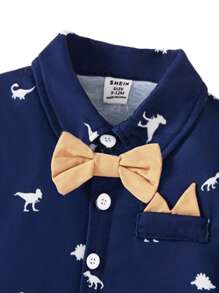 SHEIN 3 件套男婴卡通恐龙印花长袖连体衣，配有围兜裤和帽子，婚礼/婚礼宾客 - 彩色 - 查看 7