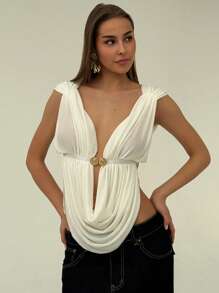 Aloruh 全新纯白色低胸性感深 V 领金属纽扣装饰开衩垂坠无袖优雅露肩衬衫