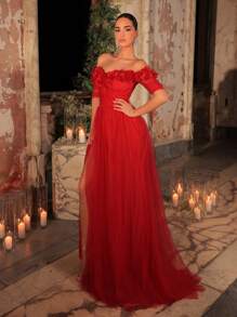 Glamrae 优雅奢华露肩 3D 花卉网眼褶皱开衩喇叭形长裙，带拖尾，适合婚礼、派对、单身派对、度假、庆典、晚会正式服装（重绣） - 酒紅色 - 查看 7