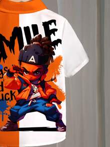 SHEIN Boys' Casual Stylish Cool Cartoon Character Printed Loose Comfortable Short Sleeve Shirt, Suitable For Spring/Summer