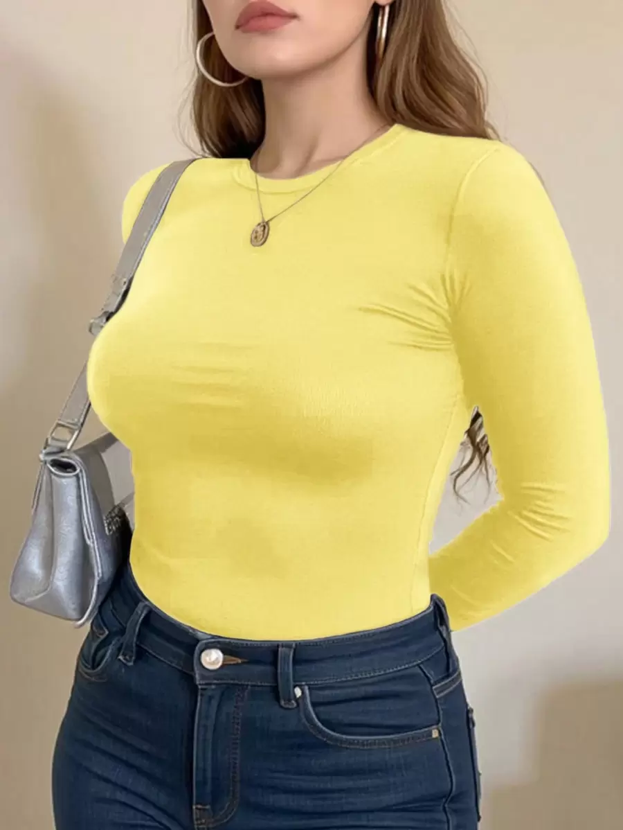 INAWLY Áo thun cổ tròn dài tay màu vàng nhạt cỡ lớn cho nữ - Màu vàng - Xem 1
