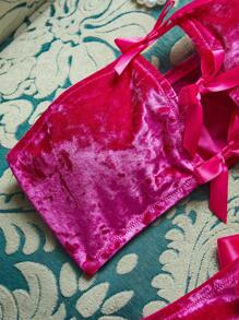 Velvet Bowknot Open Crotch Sexy Lingerie Set For Women - Hot Pink - View 4