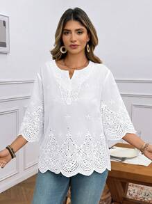SHEIN LUNE Plus Size Vacation Casual Solid Color Hollow Embroidered Blouse Summer Outfits For Women&Vacation Outfits Woman&Wedding Season Summer Tops  Summer New Design Beach Outfits For Woman - White - View 5