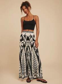 Travachic Tropical Print Wide Leg Casual Vacation Pants,Vacation Outfits Women,Bohemia