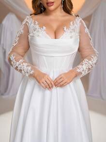 Aureia Vestido largo elegante y lujoso de manga larga transparente, con bordado de flores de encaje, cristales y perlas, mezcla de tela de satén y con pliegues de ballena, con falda maxi y cola, adecuado para bodas, fiestas, vacaciones, novia, Día de San Valentín - Blanco - Ver 4