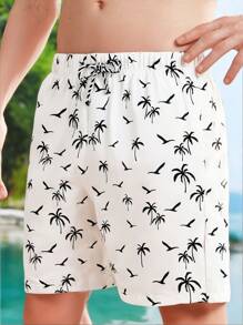 SHEIN Teen Boys White Printed Beach Shorts/Swim Trunks, Perfect For Beach Party, Music Festival, Summer Swimming, Surfing, And Spa