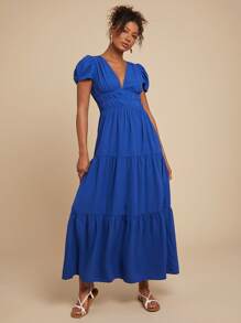 Travachic 女式褶皱 V 领蓝色泡泡袖连衣裙、休闲度假装、度假夏季沙滩装、女士连衣裙、女士度假装 - 藍色 - 查看 7