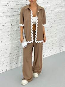 SHEIN EZwear 2pcs/Set Contrast Color Wave Trim Shirt & Pants,Old Money Simple Commute Minimalist Office Old Money Simple