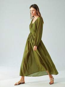 Aveloria Modichic Váy chữ A tay dài vải satin nhún bèo cổ chữ V thanh lịch cho nữ đi làm - màu xanh lá - Xem 6