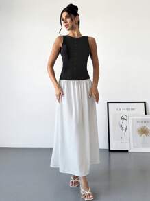 SHEIN Privé Women's White Sleeveless Front Button Decorated Backless Dress, Suitable For Valentine's Day, Concerts, Performances, Dates, Banquets, Weddings, Sexy, Elegant, Commute, Back To School, Vacation, Beach, Romantic