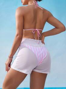 Swim Vcay 3-Piece Set: Striped Bikini With Coverup & Shorts - Pink - View 4
