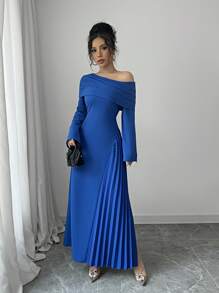 Elenzga Elegant Oblique Shoulder Asymmetric Hem Pleated Waist Solid Color Maxi Dress, Versatile For Commuting, Party, And Charm