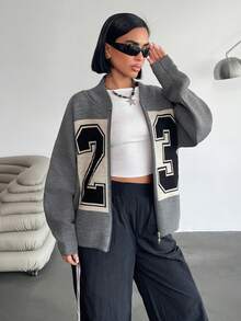 EURMUSE Áo khoác cardigan dệt kim dài tay màu xám dành cho nữ, áo khoác có in số "23" lớn ở mặt trước, được chia thành nhiều ngăn bằng khóa kéo, mùa thu, quần áo mùa đông, áo khoác cardigan, quần áo mùa thu - Xám - Xem 3