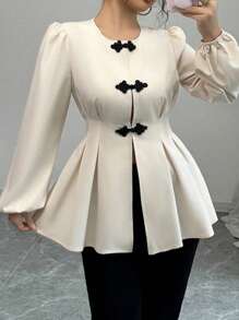 Elenzga 传统中国风圆领撞色束腰通勤休闲法式优雅舒适A字长袖衬衫，适合春夏季