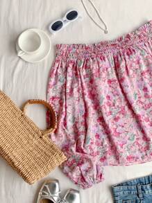 Comfortcana 女士度假花卉印花荷叶边露肩长袖宽松衬衫 - 粉色 - 查看 4