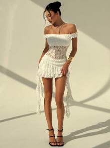 Aloruh 女士优雅花卉蕾丝拼布露肩迷你连衣裙 - 白色 - 查看 4