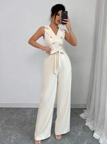 Elenzga New Elegant Casual Women Sleeveless Jumpsuit With Lapel, Double-Breasted, Cinched Waist Waistline, Slim Fit, Spring/Summer - Apricot - View 5