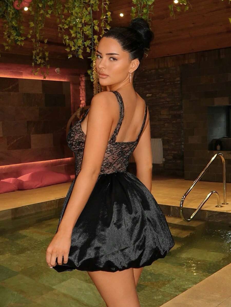 SHEIN SXY 舞会礼服；性感优雅纯黑色蕾丝紧身细肩带迷你连衣裙，芭蕾舞式泡泡袖、泡泡袖、迷你公主裙，适合日常穿着、约会、花园派对、聚会、生日、派对、伴娘、鸡尾酒会礼服、节日 - 黑色 - 查看 1