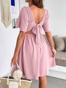 SHEIN Vestido de maternidad, de manga corta, de unicolor con escote cuadrado, minimalista y de moda - Rosa - Ver 2
