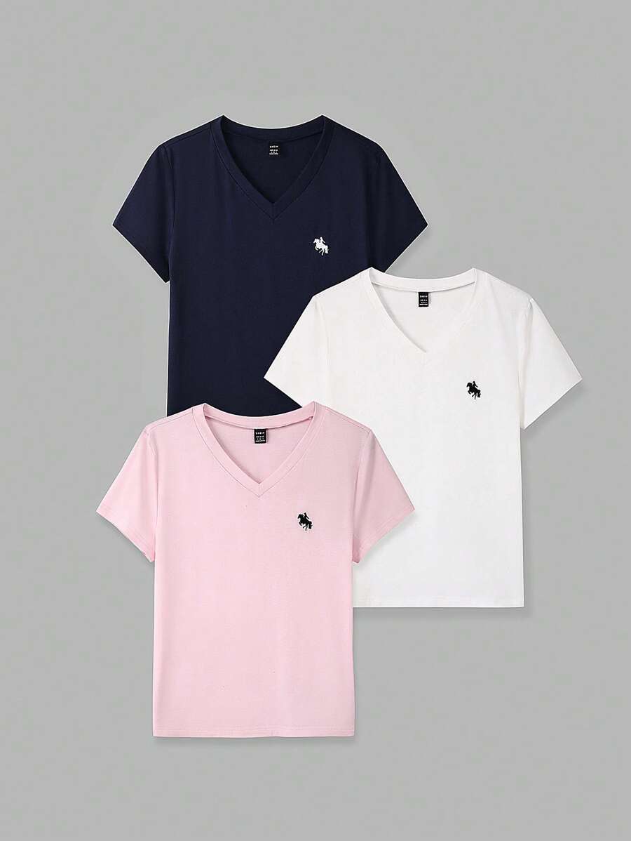 SHEIN EZwear 3 件套 V 领针织休闲短袖 T 恤套装，适合日常穿着