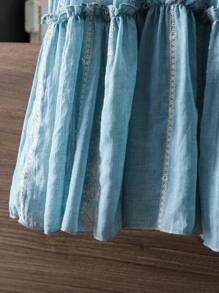 Young Girl Geometric Pattern Contrast Color Peter Pan Collar Cap Sleeve Cute Dress - Multicolor - View 7