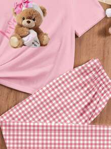 SHEIN Leap Crew Cute Bear Plaid Pattern Tween Girls Casual Minimalist Round Neck Short Sleeve T-Shirt And Loose Pants Loungewear Set, Suitable For Spring & Summer - Multicolor - View 4