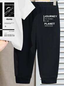 SHEIN 2件套年轻男孩休闲简约字母印花圆领短袖T恤和裤子套装 - 彩色 - 查看 5