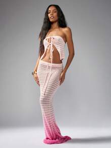 MISSGUIDED 钩针针织两件套Ombre Beach Cover Up节日服装夏季裁剪上衣Maxi裙子搭配套装Boho Resort Wear - 粉色 - 查看 3