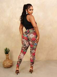 BamGleam Moderne Leggings mit Leoparden- und Blume Muster für den Urlaub - Rot - Übersicht 5