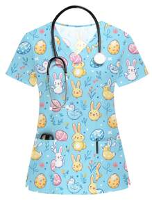 PopScrub Easter Colorful Cartoon Pattern Blue Hand Wash Clothes Cartoon Rabbit Short Sleeve Nurse Uniform Top  Animal Cartoon Pattern Short Sleeve V Neck Double Pocket Top Nurse Women's Top Scrub Top Print V Neck Frosted Scrub Top, Casual Short Sleeve Work Wear, Women Sweetheart V-Neck Ruched Blouse, Women Short Sleeve V-Neck Nurse Uniform Shirt With 2 Pockets, Soft Stretchy Ruched Graphic Tee - Blue - View 2