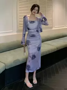 DAZY 2pcs Women Floral Print Mesh Long Sleeve Top And Dress Set, Minimalist