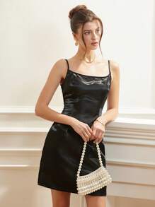 Chiquease Vestido de satén brillante, elegante y romántico con diseño de cuello cuadrado y tirantes de espagueti, para primavera/verano - Negro - Ver 4